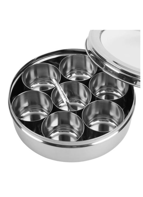 Stainless Steel Spice Box Round Masala Dabba with 7 Jars 20cm