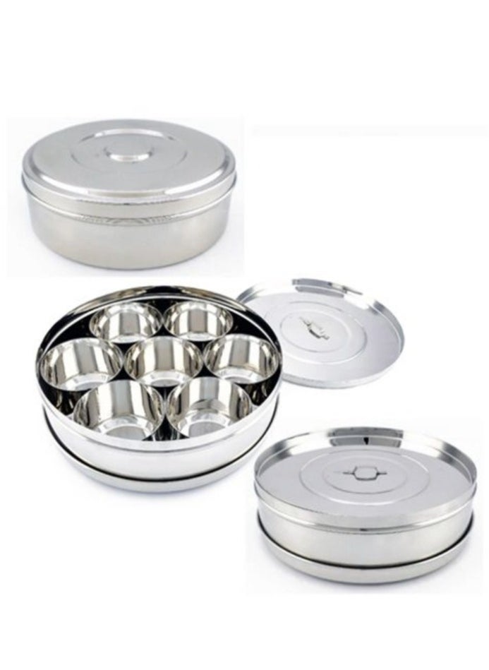 Stainless Steel Spice Box Round Masala Dabba with 7 Jars 20cm
