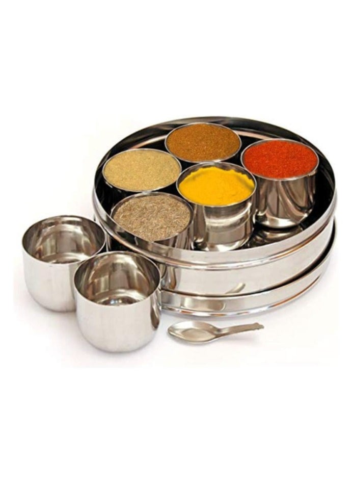 Stainless Steel Spice Box Round Masala Dabba with 7 Jars 20cm