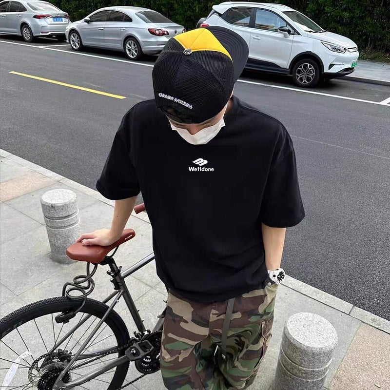 Heavy 320G pure cotton WE11DONE American style Welldone small collar trendy brand loose couple short-sleeved T-shirt for men - Image 1