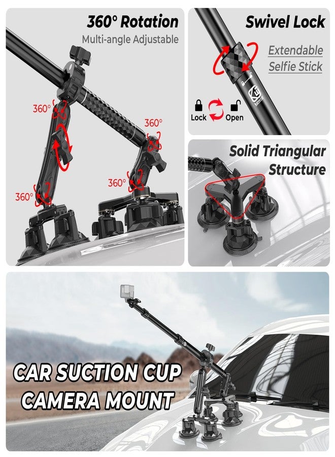 VAZESWIN Triple Suction Cup Car Mount Kit with Aluminum Alloy Extension Selfie Stick for Action Camera - Image 3