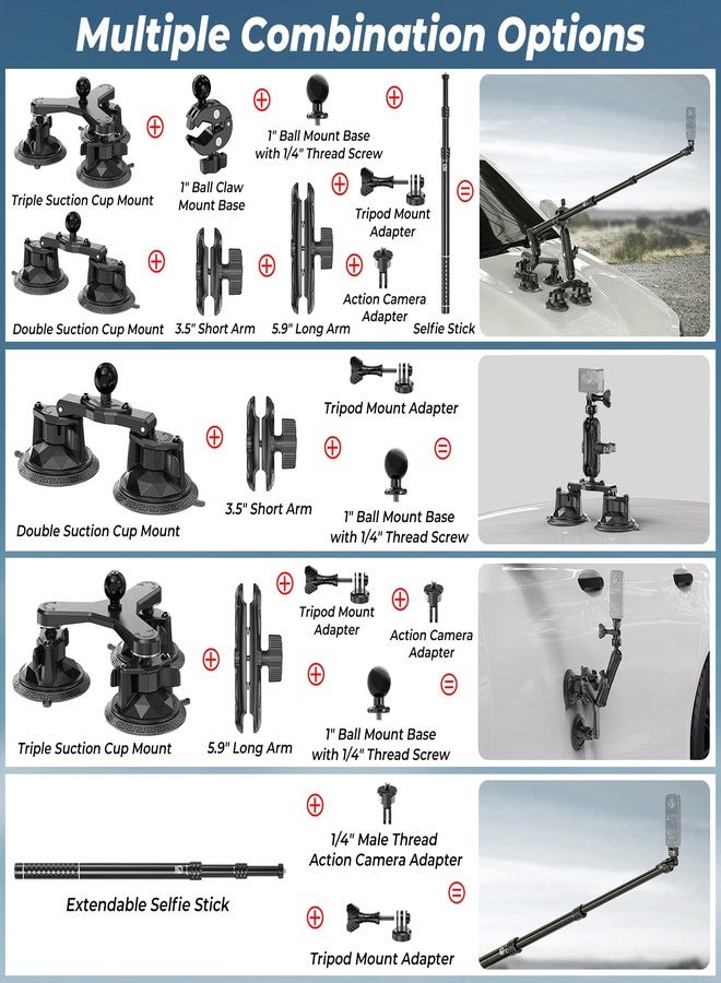 VAZESWIN Triple Suction Cup Car Mount Kit with Aluminum Alloy Extension Selfie Stick for Action Camera - Image 5