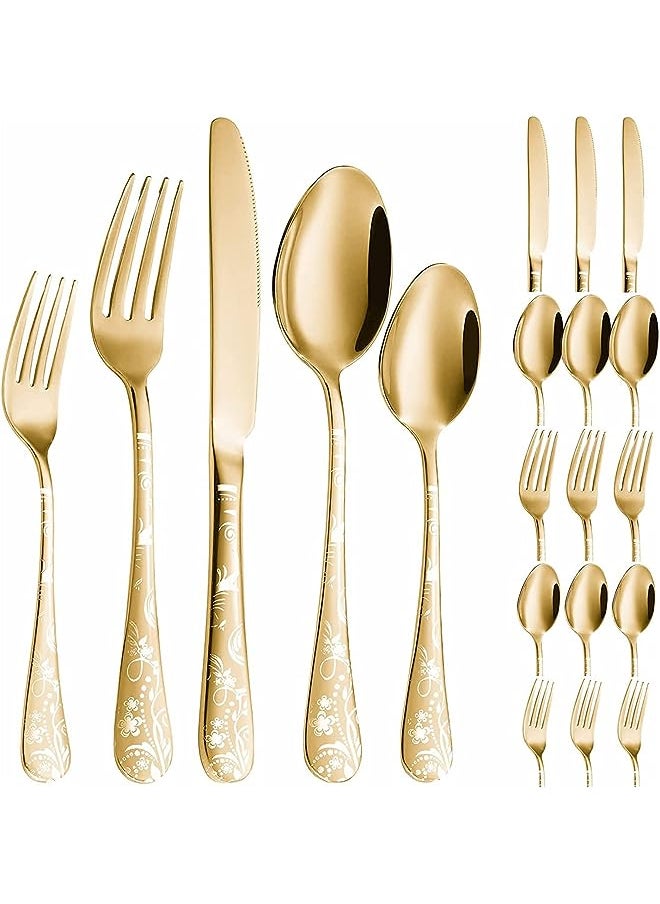 vesus Silverware Set, Stainless Steel Flatware Cutlery Set Includes Forks Knives Spoons, Unique Pattern Design Kitchen utensils set for Home Restaurant Hotel, Dishwasher Safe, 20 Pieces (Gold)  - Image 1
