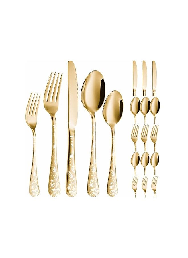 vesus Silverware Set, Stainless Steel Flatware Cutlery Set Includes Forks Knives Spoons, Unique Pattern Design Kitchen utensils set for Home Restaurant Hotel, Dishwasher Safe, 20 Pieces (Gold)  - Image 2