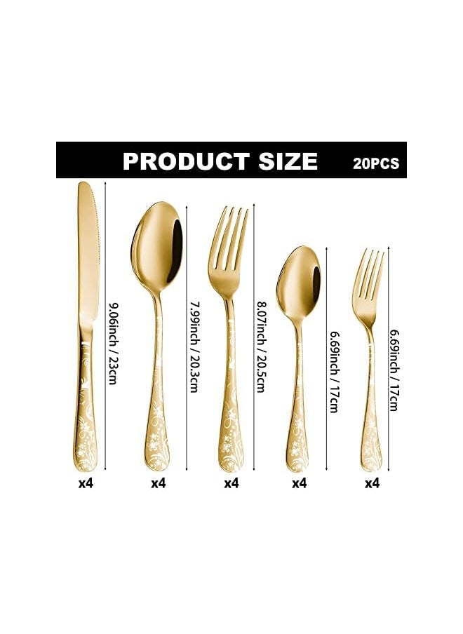 vesus Silverware Set, Stainless Steel Flatware Cutlery Set Includes Forks Knives Spoons, Unique Pattern Design Kitchen utensils set for Home Restaurant Hotel, Dishwasher Safe, 20 Pieces (Gold)  - Image 3
