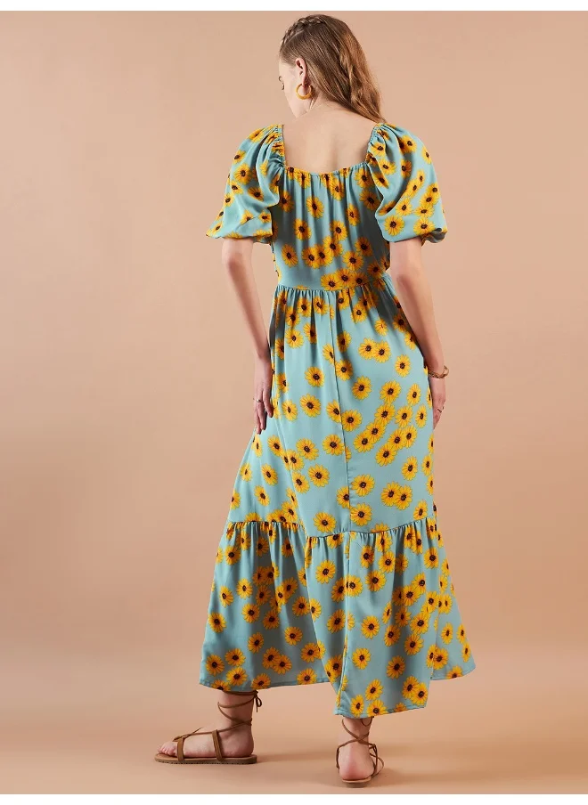 مرفوعة Women Casual Fit And Flare Floral Cut & Sew Square Neck Maxi Dress