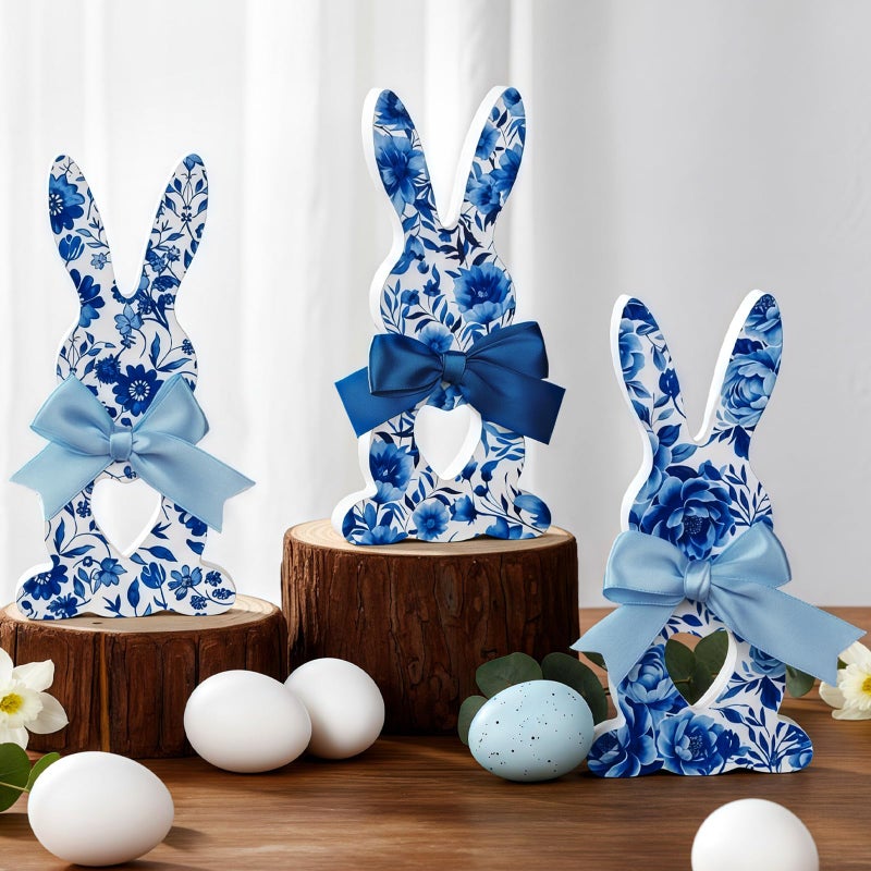 Yousoontic 3 Pcs Wooden Easter Bunny Egg Decoration for Home Neutral Rustic Farmhouse Rabbit Decoration Wooden Table Signs Retro Easter Tiered Tray Decor for Home Dining Room Decor(Blue Bunny) - Image 1