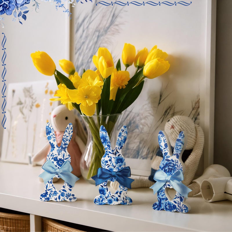 Yousoontic 3 Pcs Wooden Easter Bunny Egg Decoration for Home Neutral Rustic Farmhouse Rabbit Decoration Wooden Table Signs Retro Easter Tiered Tray Decor for Home Dining Room Decor(Blue Bunny) - Image 5