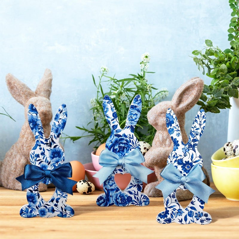 Yousoontic 3 Pcs Wooden Easter Bunny Egg Decoration for Home Neutral Rustic Farmhouse Rabbit Decoration Wooden Table Signs Retro Easter Tiered Tray Decor for Home Dining Room Decor(Blue Bunny) - Image 2