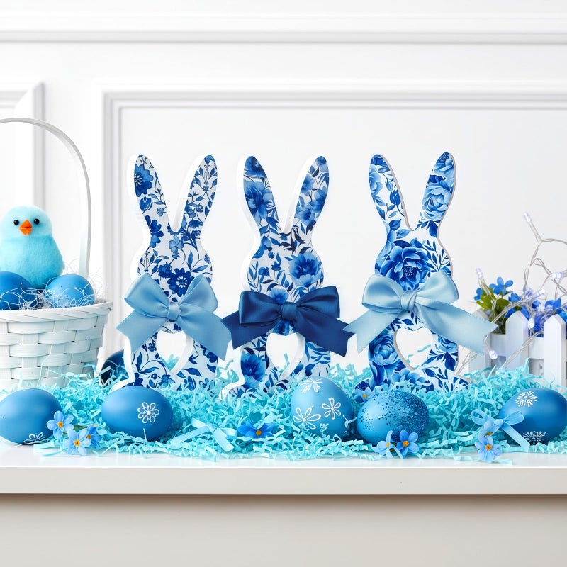 Yousoontic 3 Pcs Wooden Easter Bunny Egg Decoration for Home Neutral Rustic Farmhouse Rabbit Decoration Wooden Table Signs Retro Easter Tiered Tray Decor for Home Dining Room Decor(Blue Bunny) - Image 4