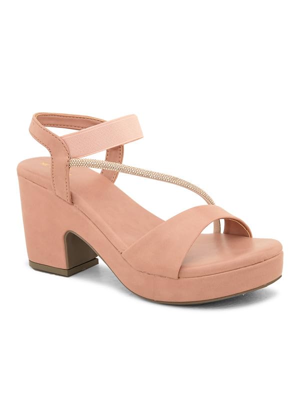 XE Looks Women's Peach Sandals with Stylish Block Heel | Glittery Side Strap & Secure Back Support | Comfort Cushion Sole for Long Wear | Trendy Design Heels For Girls & Women - Image 5