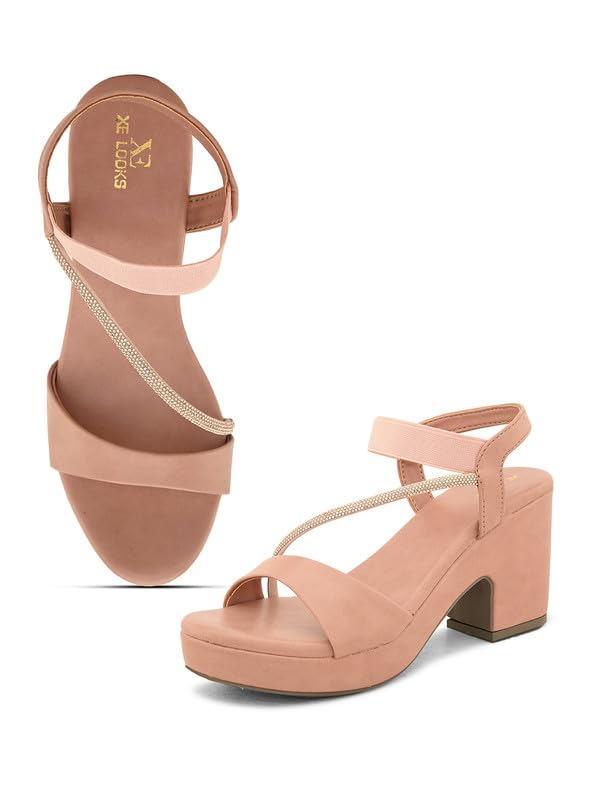 XE Looks Women's Peach Sandals with Stylish Block Heel | Glittery Side Strap & Secure Back Support | Comfort Cushion Sole for Long Wear | Trendy Design Heels For Girls & Women - Image 1