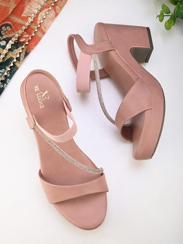 XE Looks Women's Peach Sandals with Stylish Block Heel | Glittery Side Strap & Secure Back Support | Comfort Cushion Sole for Long Wear | Trendy Design Heels For Girls & Women - Image 2