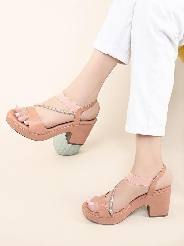 XE Looks Women's Peach Sandals with Stylish Block Heel | Glittery Side Strap & Secure Back Support | Comfort Cushion Sole for Long Wear | Trendy Design Heels For Girls & Women - Image 4