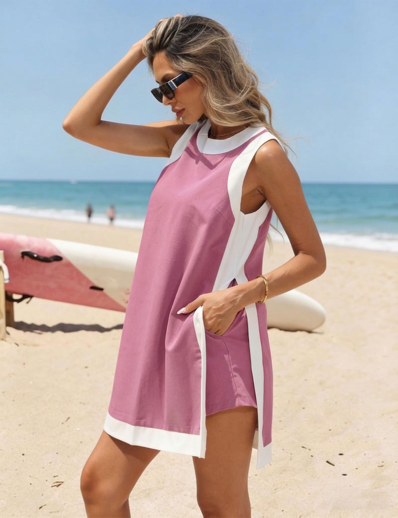 Hooever Women's 2 Piece Sets Casual Color Block Crewneck Short Sleeve Pullover Tops Matching Shorts with Pockets(RoseRed-Medium) - Image 2