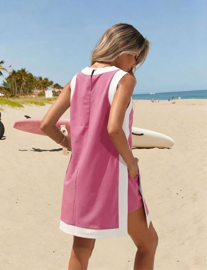 Hooever Women's 2 Piece Sets Casual Color Block Crewneck Short Sleeve Pullover Tops Matching Shorts with Pockets(RoseRed-Medium) - Image 3