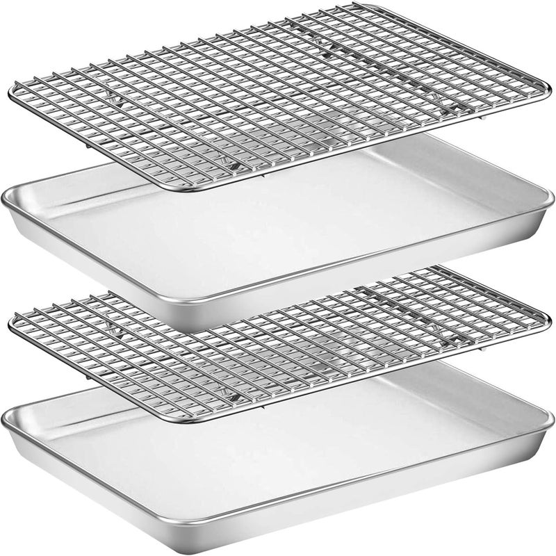 Wildone Baking Sheet with Rack Set [2 Pans + 2 Racks], Wildone Stainless Steel Cookie Sheet Baking Pan Tray with Cooling Rack, Size 12 x 10 x 1 Inch, Non Toxic & Heavy Duty & Easy Clean - Image 1