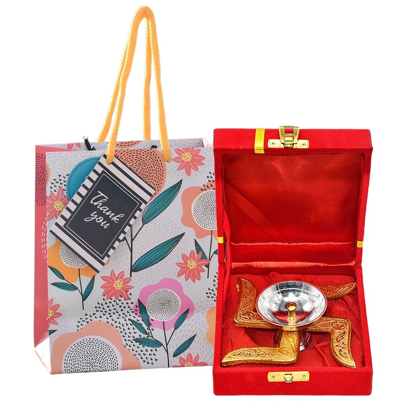 Saugat Traders Diwali Corporate Gift Swastik Diya with Velvet Gift Box and Paper Bag for Client Office Employees Friends Home Decor Spiritual Return Gift Set - Image 1
