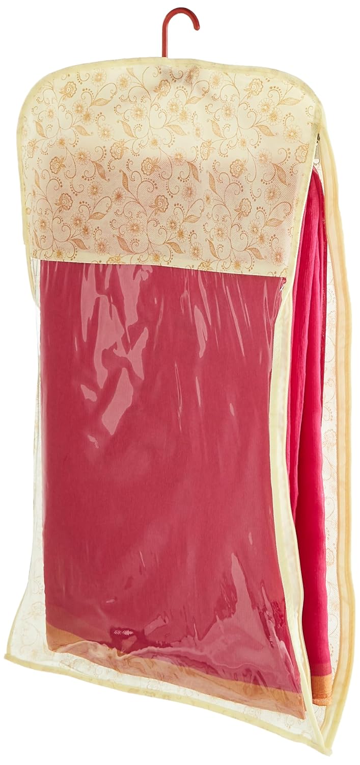 Brand - Solimo Solimo Woven Hanging Saree Cover Wardrobe Organiser With Hanger Zipper Closure Metallic Brown Pack of 5 - Image 3