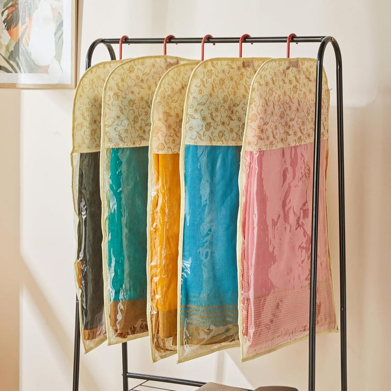 Brand - Solimo Solimo Woven Hanging Saree Cover Wardrobe Organiser With Hanger Zipper Closure Metallic Brown Pack of 5 - Image 5