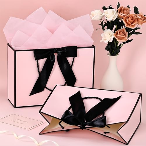 JMANNI Gift Bags, Large Gift Bags, 1Pcs Paper Gift Bag with 2 Tissue Paper and 1 Greeting Cards, Present Bags with Handles for Women Girls Bridesmaid Birthday Valentines Wedding Party (Black-Pink) - Image 3
