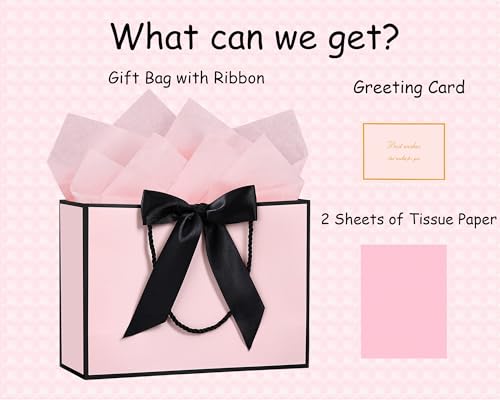 JMANNI Gift Bags, Large Gift Bags, 1Pcs Paper Gift Bag with 2 Tissue Paper and 1 Greeting Cards, Present Bags with Handles for Women Girls Bridesmaid Birthday Valentines Wedding Party (Black-Pink) - Image 2