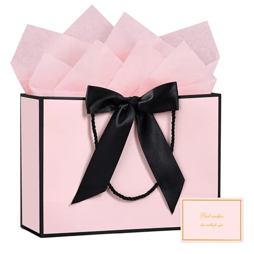 JMANNI Gift Bags, Large Gift Bags, 1Pcs Paper Gift Bag with 2 Tissue Paper and 1 Greeting Cards, Present Bags with Handles for Women Girls Bridesmaid Birthday Valentines Wedding Party (Black-Pink) - Image 1