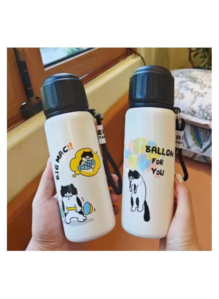 زجاجة مياه فاخرة بتصميم قطة كرتونية للاطفال سعة 550 مل، كوب مفرغ من الهواء من الستانلس ستيل، محمولة مانعة للتسرب ومضادة للانسكاب وتحافظ على المشروبات ساخنة وباردة، متينة للطلاب والسفر (بيج - تصميم هابي) - Image 3