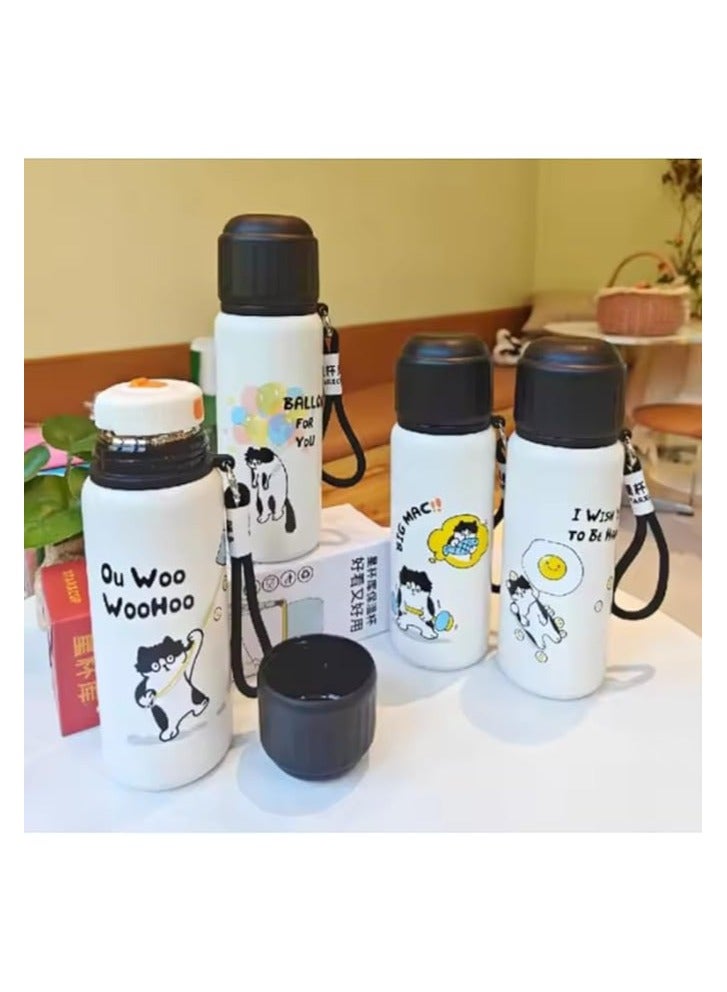 زجاجة مياه فاخرة بتصميم قطة كرتونية للاطفال سعة 550 مل، كوب مفرغ من الهواء من الستانلس ستيل، محمولة مانعة للتسرب ومضادة للانسكاب وتحافظ على المشروبات ساخنة وباردة، متينة للطلاب والسفر (بيج - تصميم هابي) - Image 4