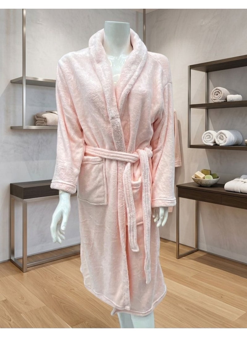 A long, light pink women's bathrobe, made of a soft and comfortable material for everyday use.