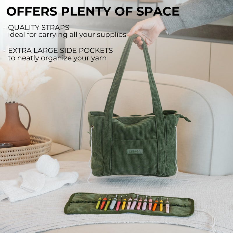 KIBAGA Stylish Yarn Bag for Crochet and Knitting Projects - Corduroy Crochet Organizer with 4 Interior Pockets and Yarn Holes - Perfect for Storing Hooks, Needles and Crafting Accessories - Image 2