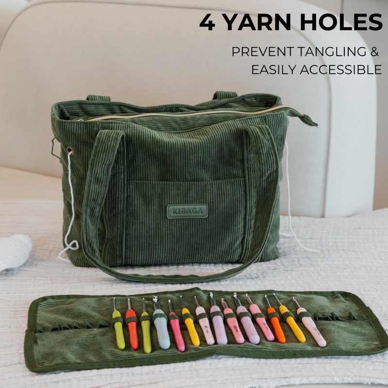 KIBAGA Stylish Yarn Bag for Crochet and Knitting Projects - Corduroy Crochet Organizer with 4 Interior Pockets and Yarn Holes - Perfect for Storing Hooks, Needles and Crafting Accessories - Image 4