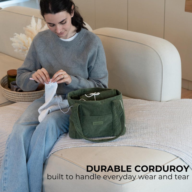 KIBAGA Stylish Yarn Bag for Crochet and Knitting Projects - Corduroy Crochet Organizer with 4 Interior Pockets and Yarn Holes - Perfect for Storing Hooks, Needles and Crafting Accessories - Image 5