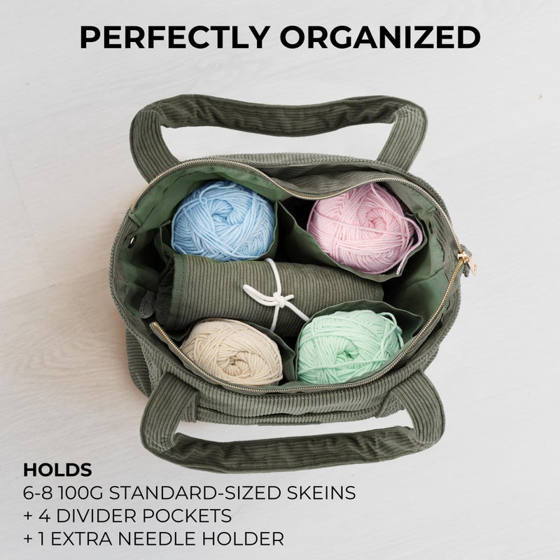 KIBAGA Stylish Yarn Bag for Crochet and Knitting Projects - Corduroy Crochet Organizer with 4 Interior Pockets and Yarn Holes - Perfect for Storing Hooks, Needles and Crafting Accessories - Image 3