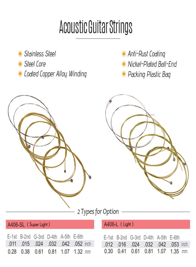 Alice A406 Series Acoustic Folk Guitar Strings Set Stainless Steel Wire Steel Core Coated Copper Alloy Wound, 6pcs/ Set, Super Light(.011-.052) - Image 5
