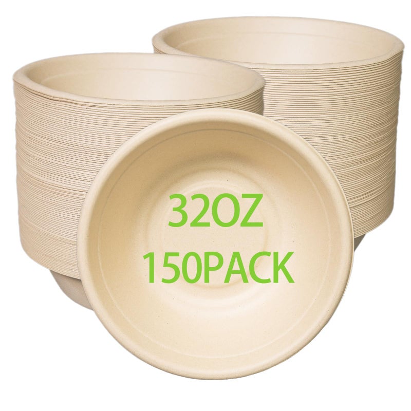 emlifepak 32oz Disposable Salad Bowls 150Pack, Big Paper Bowls, Large, Heavy-Duty, Eco-Friendly, Bulk Pack, Compostable Bowls, Biodegradable Made of Sugar Cane Fibers,Perfect For Salad - Image 1
