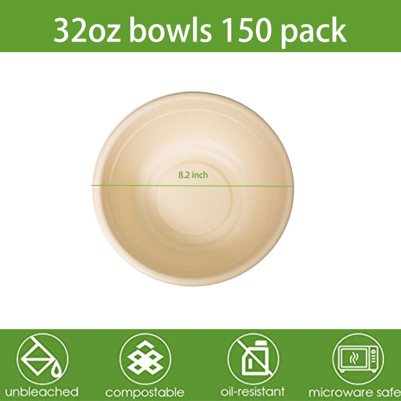 emlifepak 32oz Disposable Salad Bowls 150Pack, Big Paper Bowls, Large, Heavy-Duty, Eco-Friendly, Bulk Pack, Compostable Bowls, Biodegradable Made of Sugar Cane Fibers,Perfect For Salad - Image 2