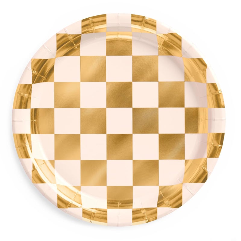 xo, Fetti Gold Checkered Paper Plates | 25 pcs | Bachelorette Tableware, Birthday Party Supplies, Modern Disposable Setting, Dinner Table Decor - Image 1