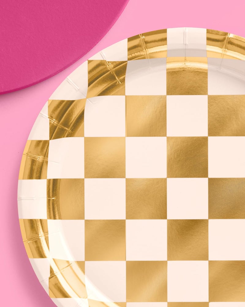 xo, Fetti Gold Checkered Paper Plates | 25 pcs | Bachelorette Tableware, Birthday Party Supplies, Modern Disposable Setting, Dinner Table Decor - Image 4