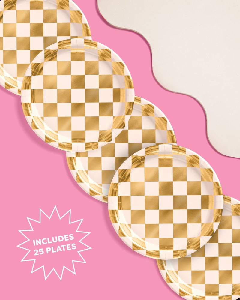 xo, Fetti Gold Checkered Paper Plates | 25 pcs | Bachelorette Tableware, Birthday Party Supplies, Modern Disposable Setting, Dinner Table Decor - Image 3