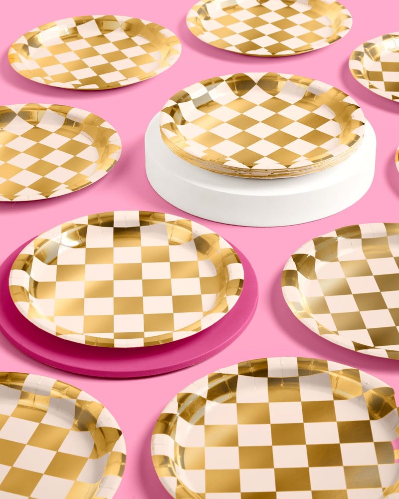 xo, Fetti Gold Checkered Paper Plates | 25 pcs | Bachelorette Tableware, Birthday Party Supplies, Modern Disposable Setting, Dinner Table Decor - Image 5