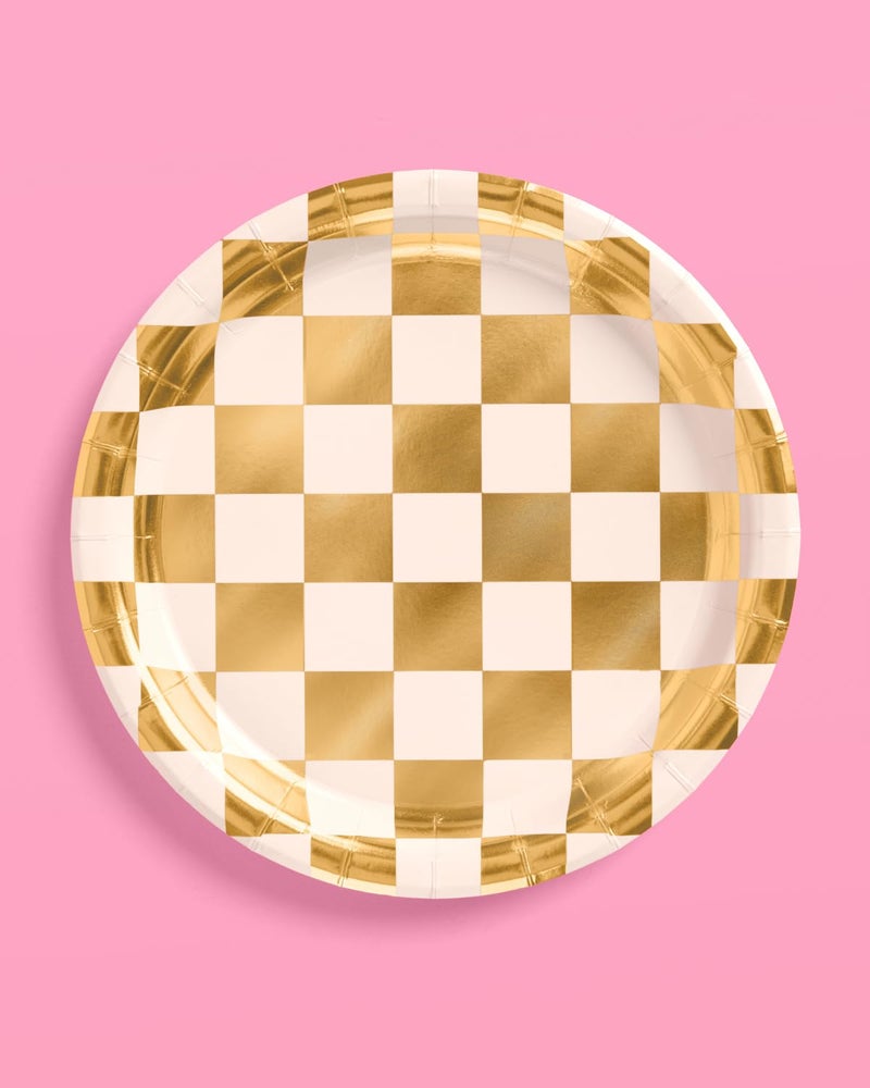 xo, Fetti Gold Checkered Paper Plates | 25 pcs | Bachelorette Tableware, Birthday Party Supplies, Modern Disposable Setting, Dinner Table Decor - Image 2