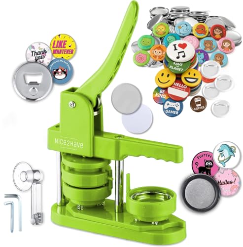 nice2have Button Maker Machine 2.25 Inch Pin Maker Kit - Single Mold, 100 Buttons, 5 Fridge Magnets, 5 Bottle Openers, Cutters, and 500+ Button Designs for DIY Crafts (Green) - Image 1