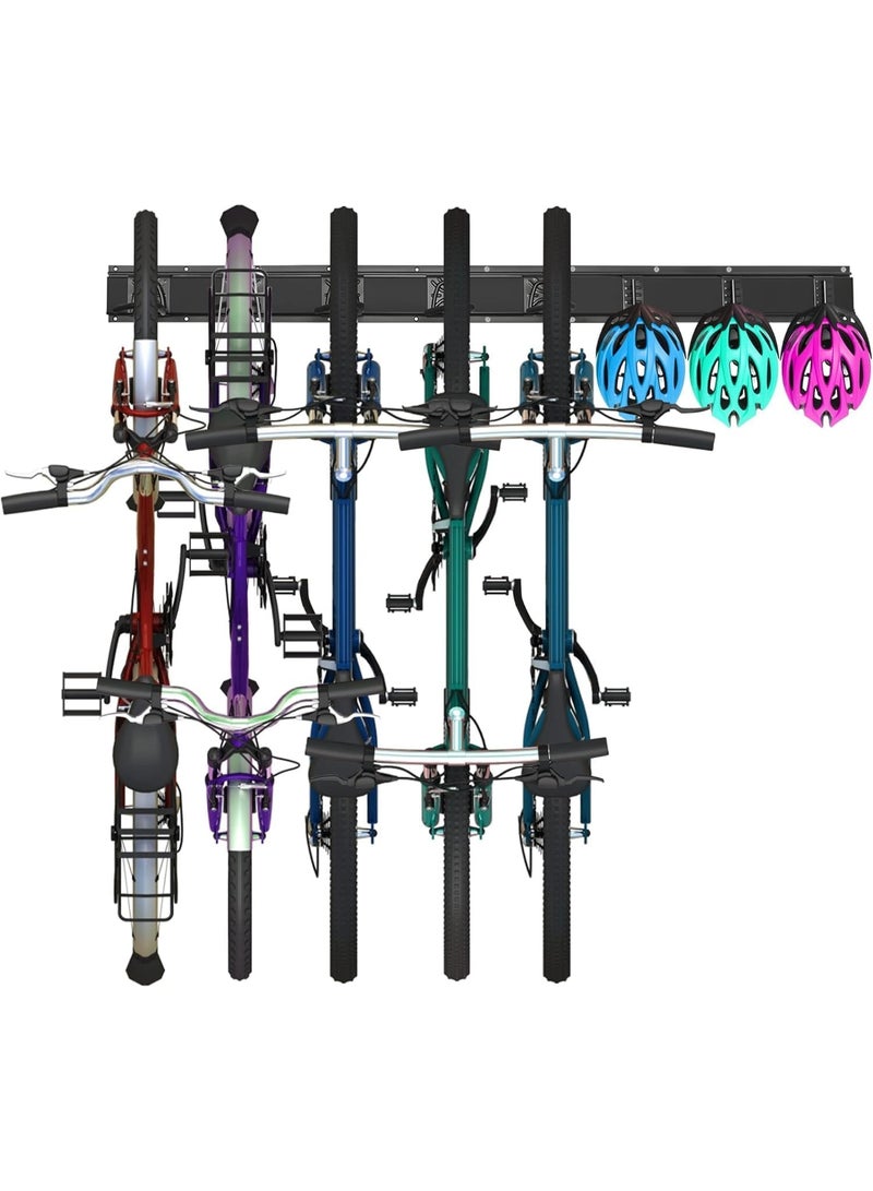 Soofam Bike Stand Garage, Bike Wall Mount, Vertical Adjustable Bike Rack, 120cm for 5 Bicycles + 3 Helmets Holds Up to 300lbs, Heavy-Study Steel Made for Home and Indoor Use - Image 1