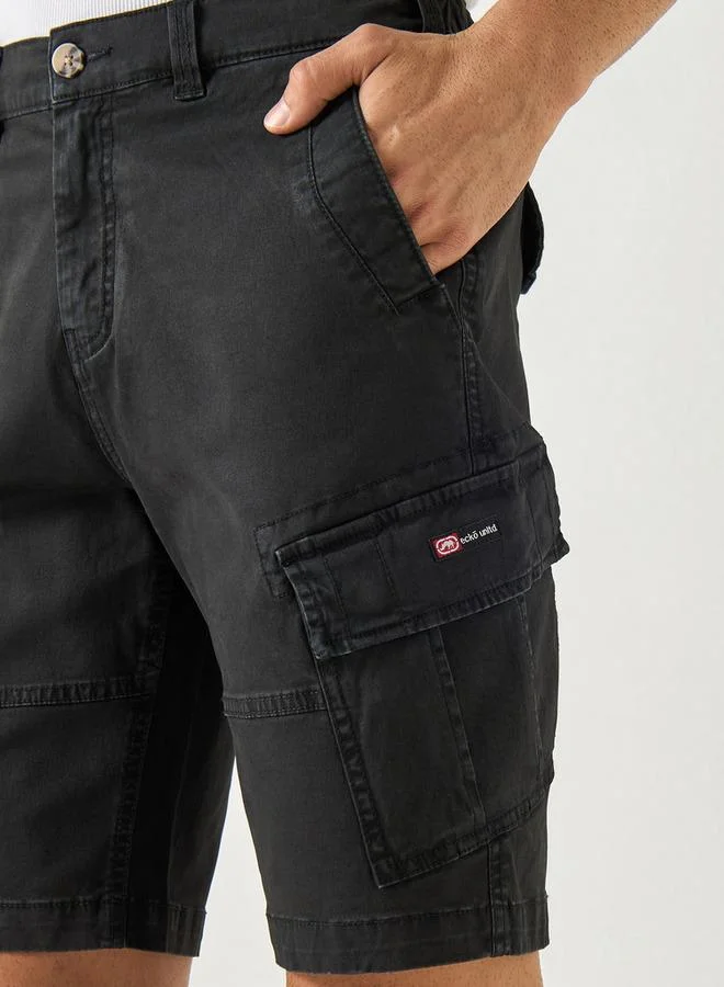 Ecko Unltd. Ecko Unltd Solid Relaxed Fit Cargo Shorts with Button Closure