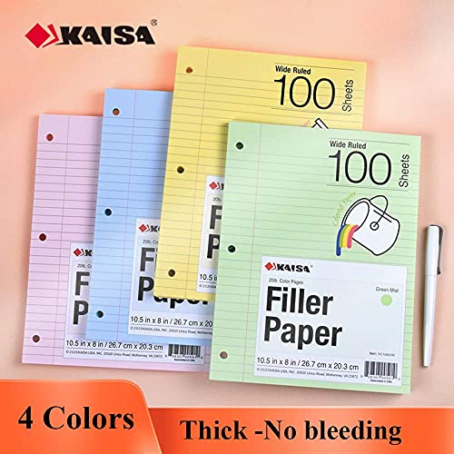 Kaisa Filler Paper Colored loose Leaf Paper, Wide Ruled 8x10.5in Colored Paper, 3-Hole Punched for 3-Ring Binders,100Sheets/pack 4Packs, FC10001W - Image 3