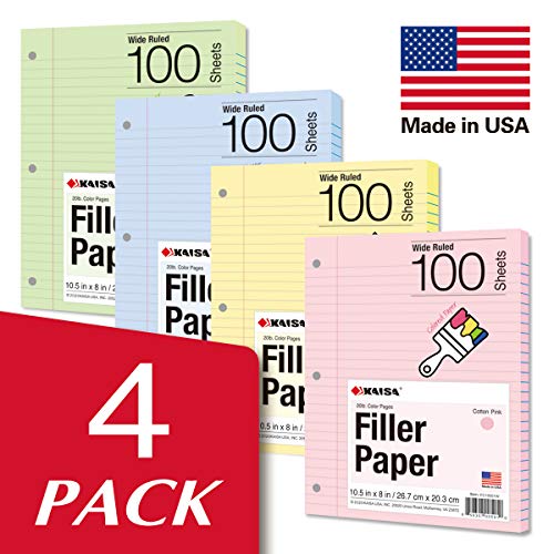 Kaisa Filler Paper Colored loose Leaf Paper, Wide Ruled 8x10.5in Colored Paper, 3-Hole Punched for 3-Ring Binders,100Sheets/pack 4Packs, FC10001W - Image 2