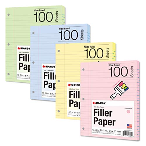 Kaisa Filler Paper Colored loose Leaf Paper, Wide Ruled 8x10.5in Colored Paper, 3-Hole Punched for 3-Ring Binders,100Sheets/pack 4Packs, FC10001W - Image 1