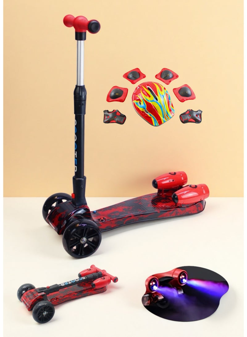 EASY FUTURE Water Spray Smoke Effect & Bluetooth Music 3 Wheel Kick Scooter for Kids Ages 3-14, LED Light-Up Wheels, Lean to Steer – Foldable & Safe Ride Including Full Protective Gear Set - Image 1