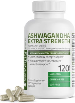 Bronson Ashwagandha Extra Strength 3000 mg Stress & Mood Support with BioPerine - Non GMO Formula, 120 Vegetarian Capsules  - Image 1